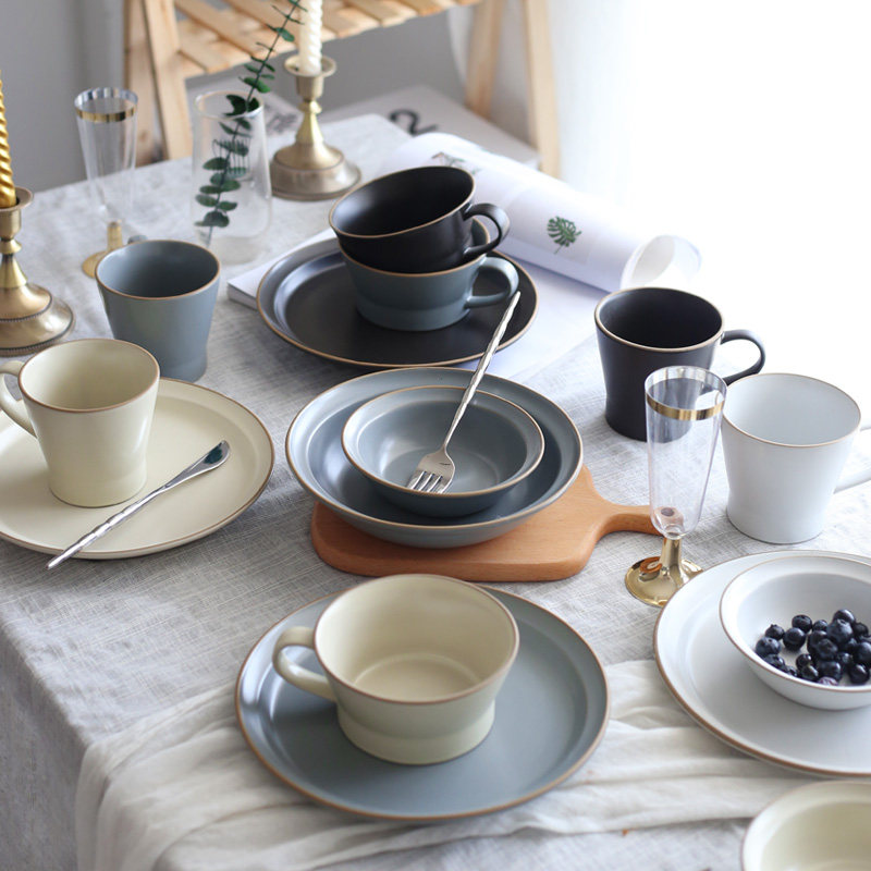 Japanese style matte ceramic breakfast cup and Western dish