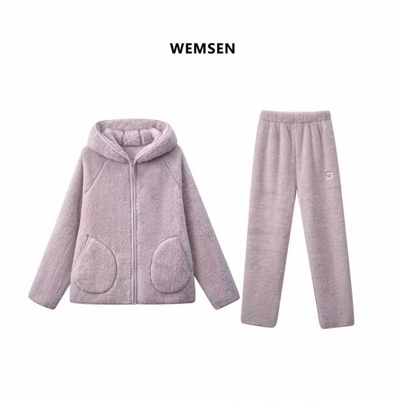 秋冬男女加绒加厚连帽睡衣两件套多色超厚可外穿家居服套装