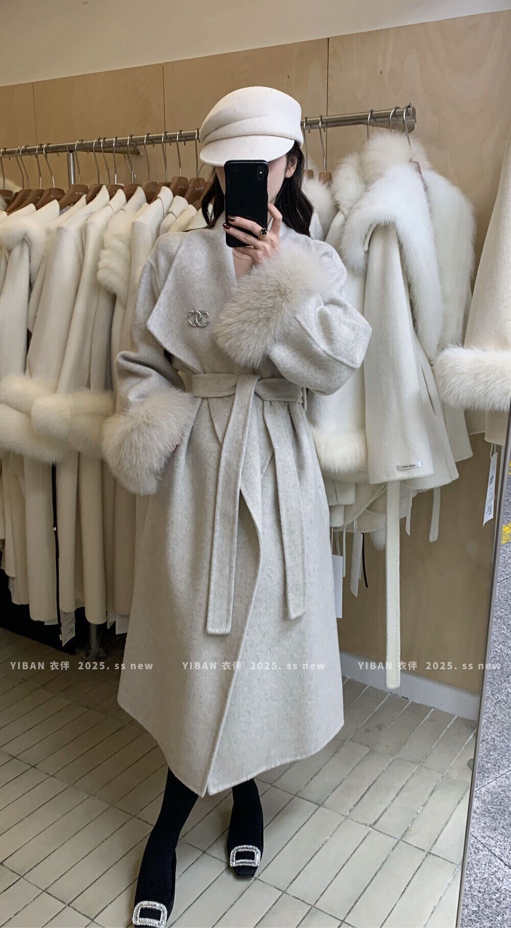 女神大衣 狐狸毛袖口驼色中长款羊绒双面毛呢皮草外套女秋冬新款