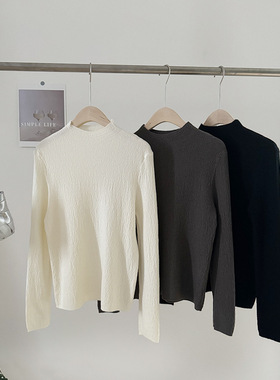 韩国东大门oun*ce法式优雅褶皱肌理感半高领弹力针织长袖打底衫