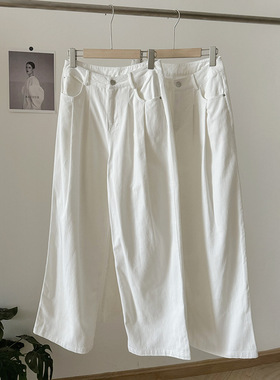 韩国东大门oun*ce 复古宽松显瘦高腰水洗白色牛仔裤阔腿牛仔裤春