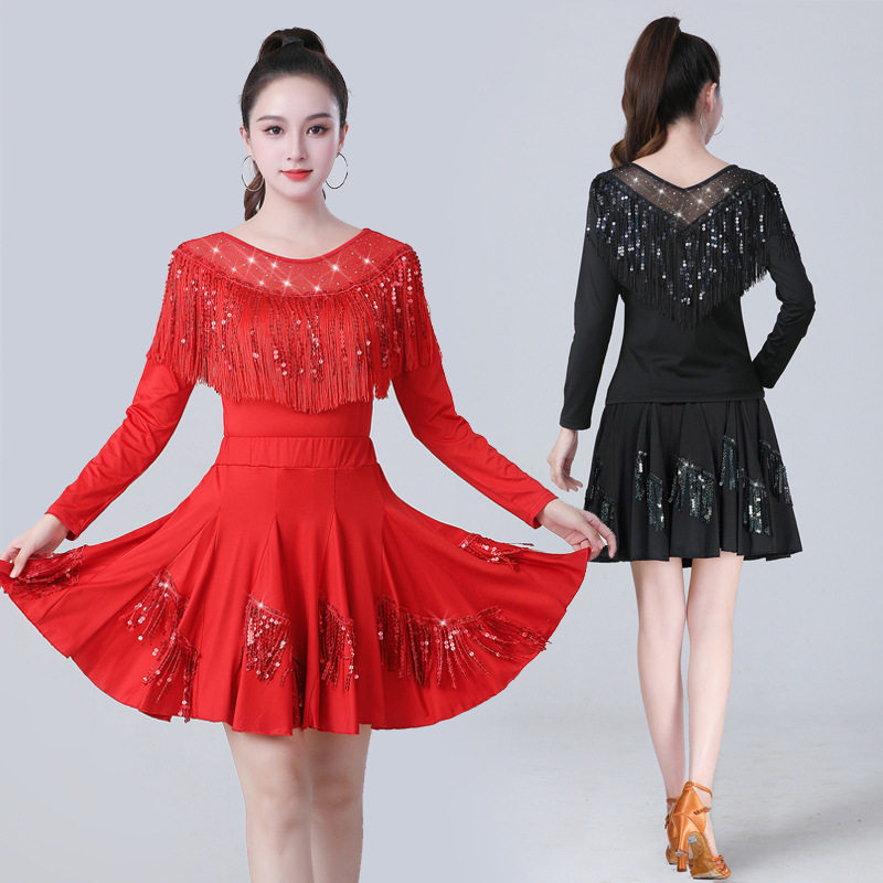 新款拉丁舞服装长袖亮片流苏套装广场舞演出比赛服摩登舞半身短裙