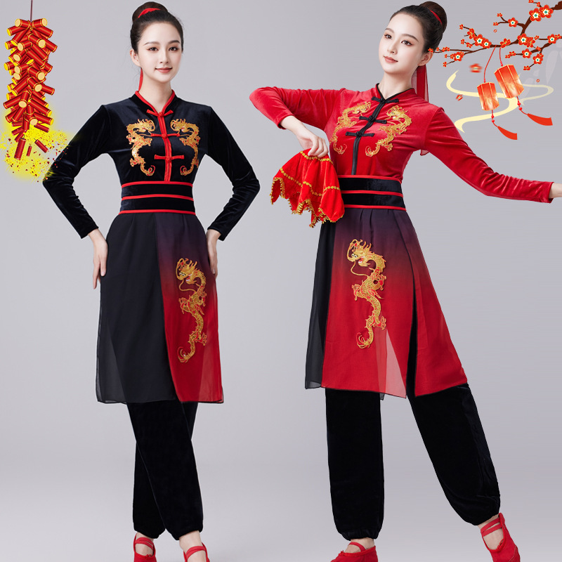 （单件）广场舞服装秋冬秧歌打鼓演出服装女新款金丝绒舞狮表演服