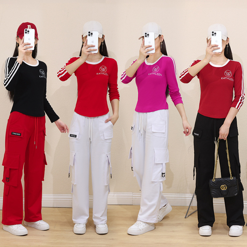 休闲运动套装女夏季新款炸街撞色T恤搭配工装裤两件套ins时尚2498