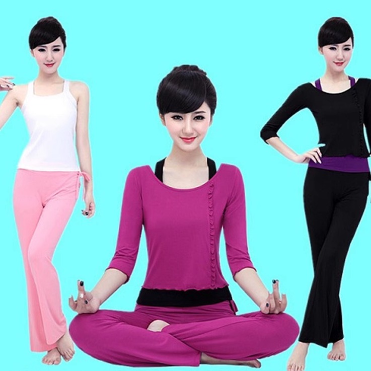 莫代尔女士瑜伽服三件套装春夏大码中长袖加厚显瘦舞蹈健身跑步服