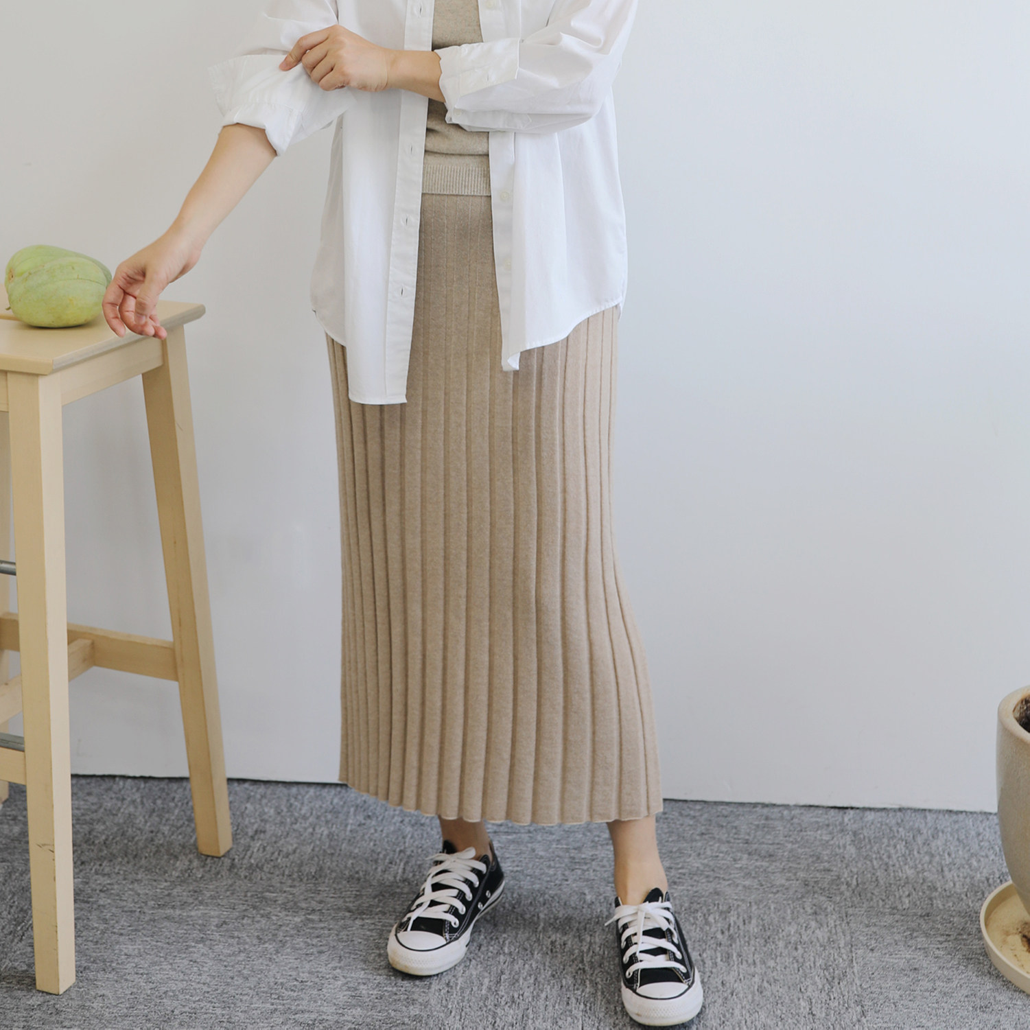 小金象 山羊绒100% -女秋冬薄款包臀简约百褶半裙针织长裙 康赛妮