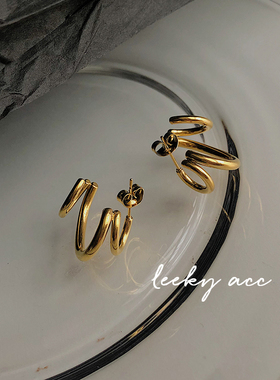 原宿多线几何简约日系线条耳钉  街头时髦多层次钛钢镀18K金耳环