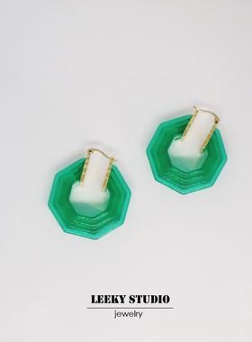 新品Celi风 复古半透明树脂几何六边形耳坠 artdeco铜镀金耳环 潮
