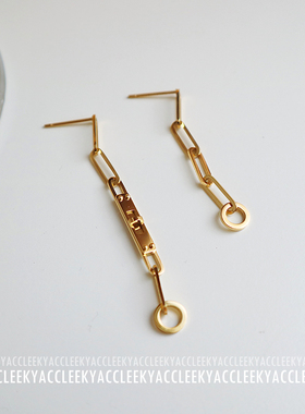 设计款简约链条欧美AB款不对称长款耳钉 钛钢镀18k金耳环耳饰女