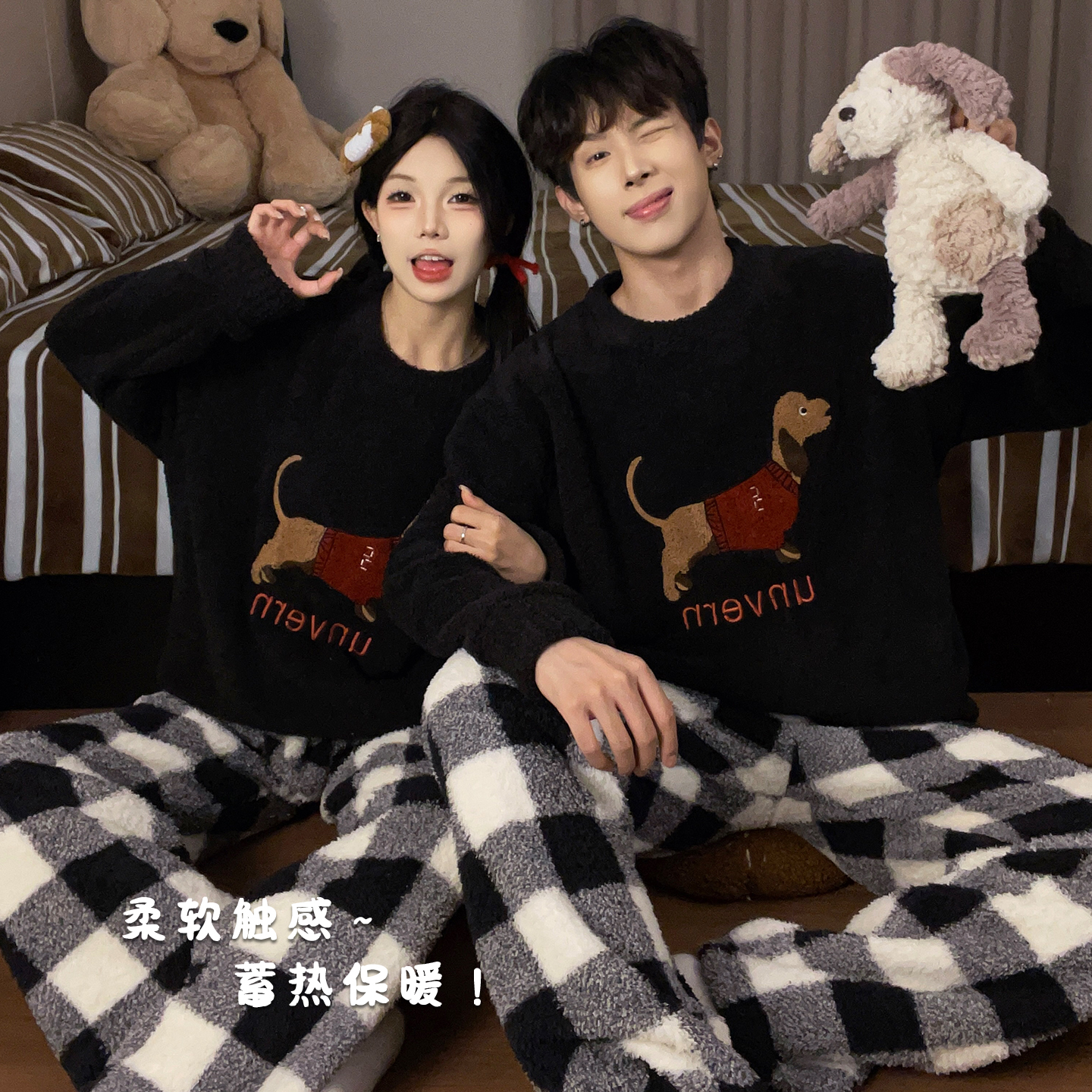 Gukoo/果壳半边绒情侣睡衣女秋冬季天加厚加绒可爱套装男士珊瑚绒