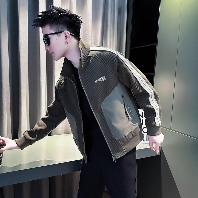 春秋新款潮牌拼接立领夹克外套男