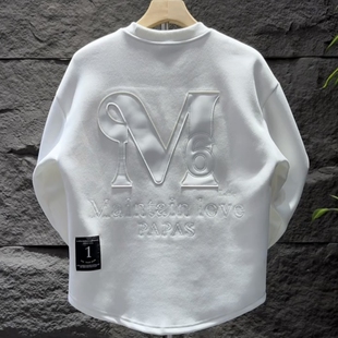 秋冬季新款高级感字母刺绣皮标圆领卫衣男士潮流痞帅百搭休闲上衣