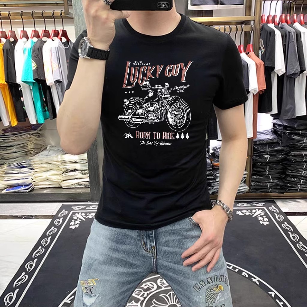 夏季短袖t恤男士复古摩托机车印花潮牌纯棉修身半袖个性潮流体恤