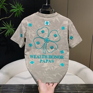 美式潮牌四叶草刺绣圆领短袖男夏季欧货轻奢扎染百搭休闲半袖T恤
