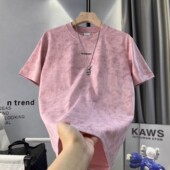 潮牌拼接简约百搭休闲半袖 夏季 男士 扎染刺绣字母圆领短袖 T恤 新款