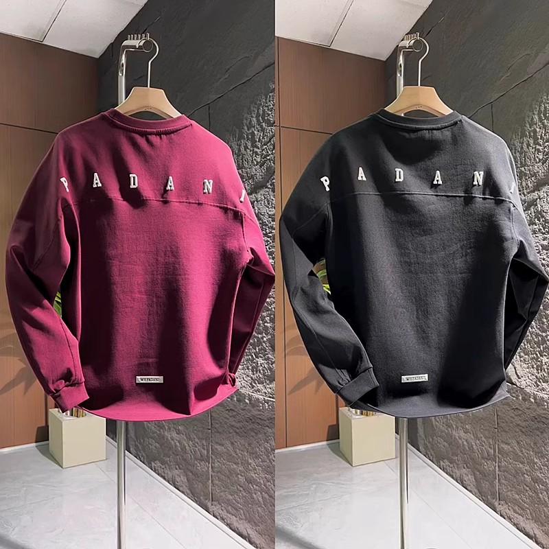 秋冬新款简约刺绣字母拼接休闲卫衣男潮牌时尚圆领宽松长袖打底衫