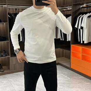 秋季时尚净版修身圆领长袖T恤男士日常简约纯色百搭纯棉打底上衣