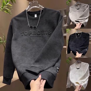 2025秋冬季新款字母钢印简约卫衣男士时尚晕染上衣圆领百搭长袖男