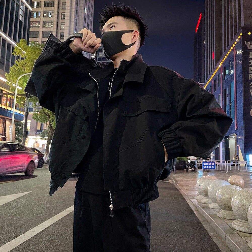 秋冬新款潮牌美式假两件双层领夹克男士潮流简约痞帅百搭夹棉外套