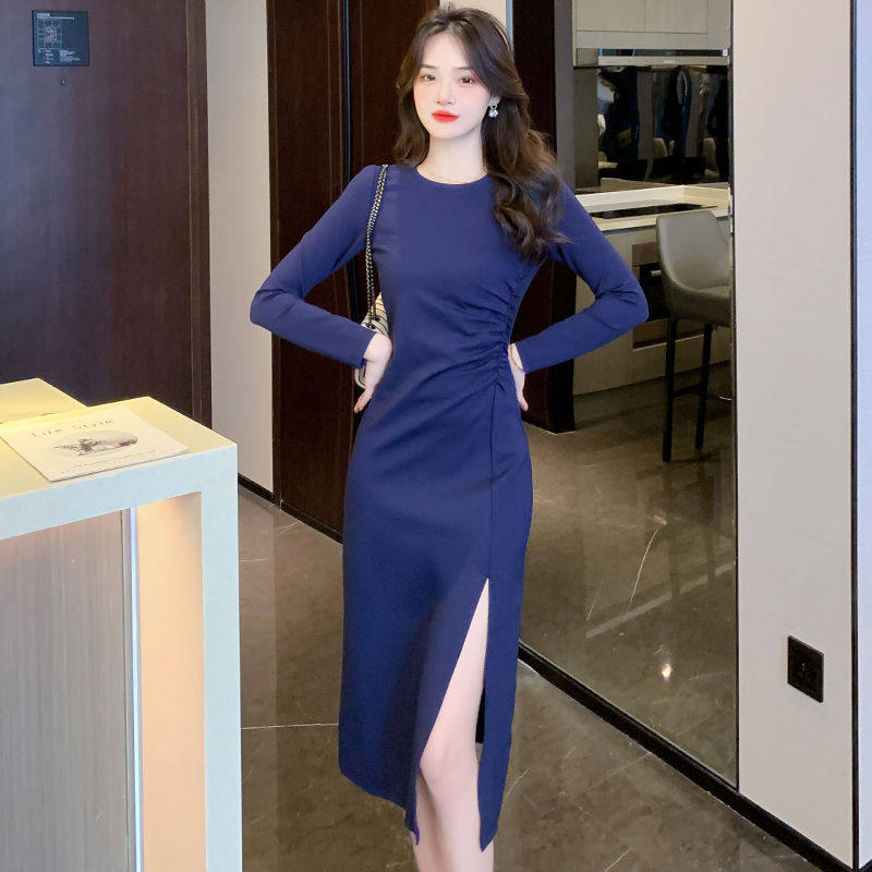 时尚洋气藏青色连衣裙2025秋装新款收腰显瘦气质女神范长袖开叉裙