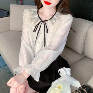 2026年新款秋季韩版气质雪纺衬衫女甜美纯色长袖上衣打底衫小清新