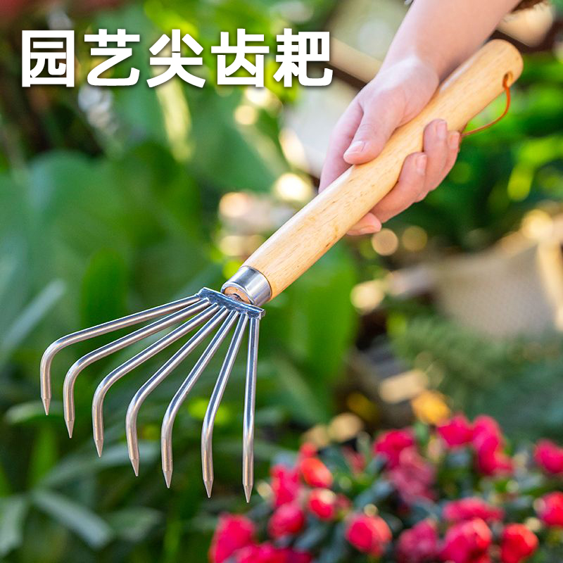 园艺尖齿耙子木柄松土神器多齿园艺工具除草耙海边挖贝壳赶海工具
