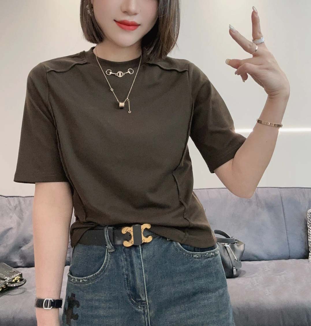 欧货设计感小众中袖T恤女2026秋新款修身显瘦百搭立领上衣打底衫