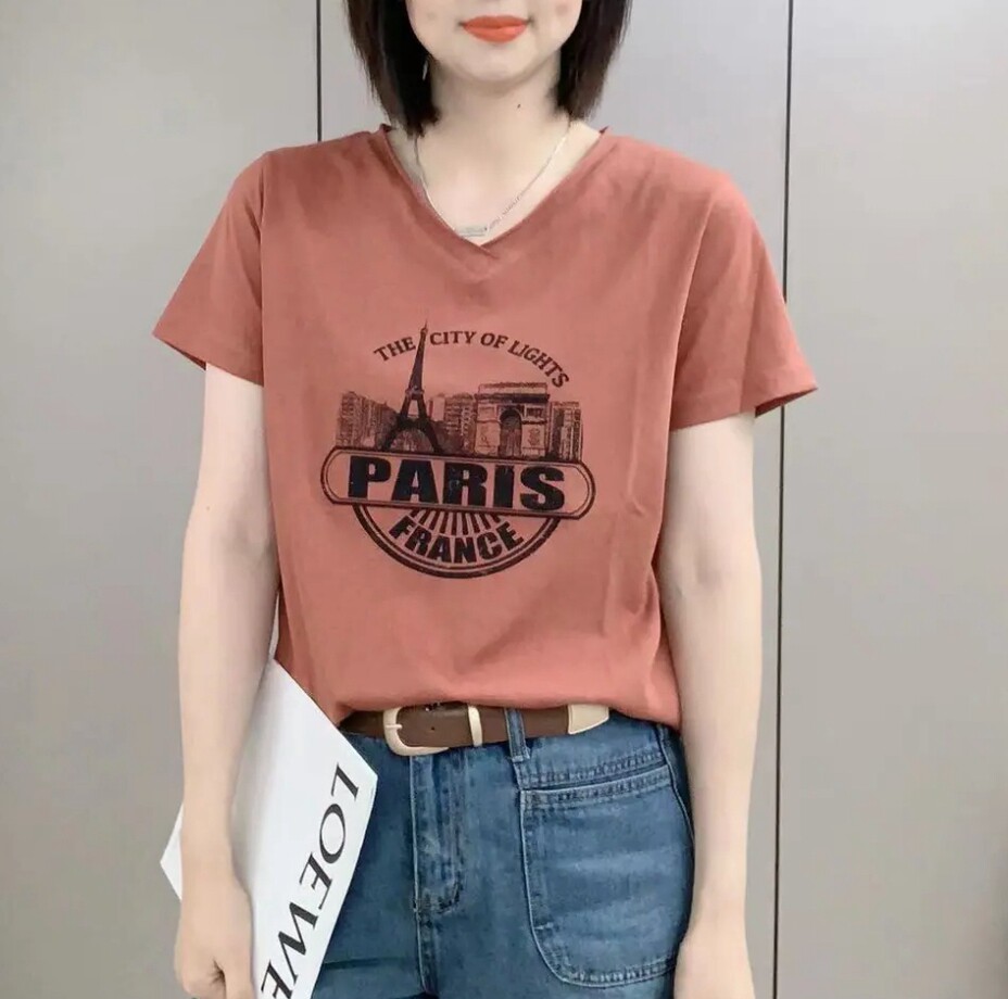 2026夏新款休闲宽松短袖字母T恤女通勤百搭显瘦V领体恤上衣小衫潮