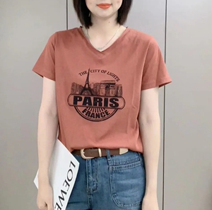 2026夏新款休闲宽松短袖字母T恤女通勤百搭显瘦V领体恤上衣小衫潮