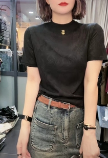 百搭修身 韩版 女2025春秋新款 枫叶提花工艺短袖 立领上衣 T恤打底衫