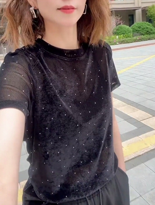 冰花绒短袖t恤打底衫女2026夏季新款百搭显瘦烫钻体恤上衣小衫潮T