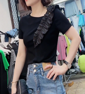 欧洲站2025夏新款设计感花边短袖T恤女修身显瘦百搭斜领体恤上衣