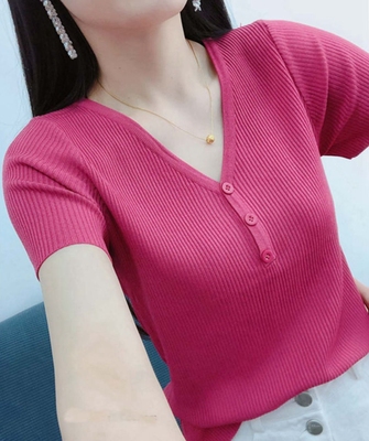 2025夏季新款V领纽扣短袖冰丝上衣小衫修身显瘦百搭针织衫T恤女潮