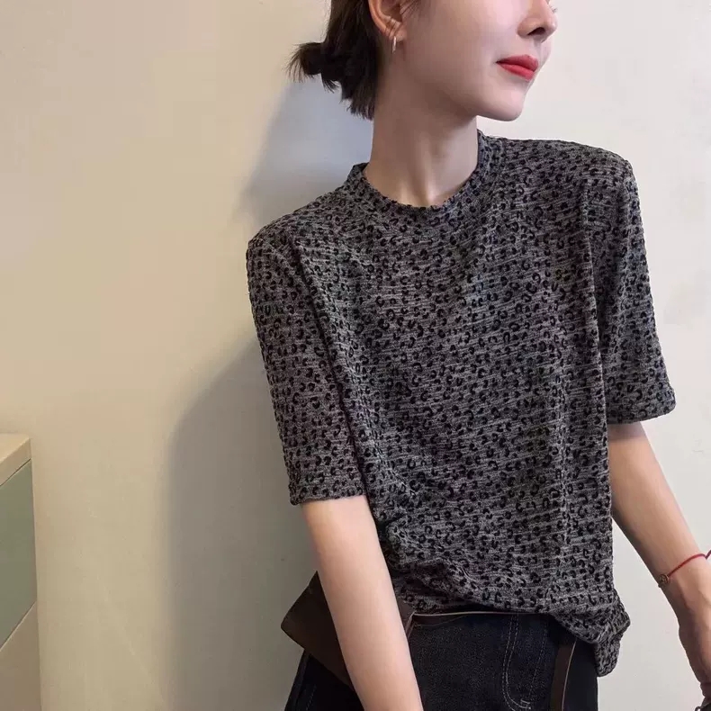 韩版时尚圆领豹纹中袖T恤女上衣