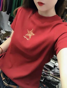 欧洲站2026春秋新款五角星短袖T恤打底衫女修身百搭立领上衣小衫