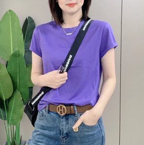 2026夏新款简约纯色短袖T恤女通勤百搭显瘦卷边半袖体恤上衣小衫