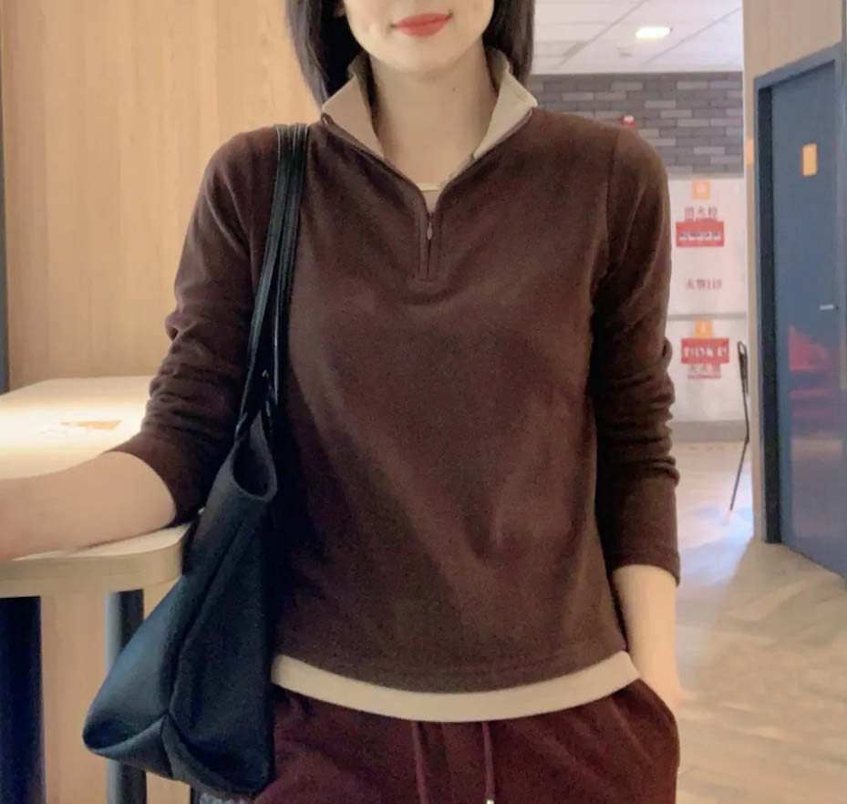 2025冬季新款假两件双面德绒卫衣女百搭显瘦保暖立领拼色内搭上衣