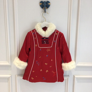 品牌女童旗袍冬装新款韩版女孩刺绣汉服新年装夹棉唐装红色拜年服