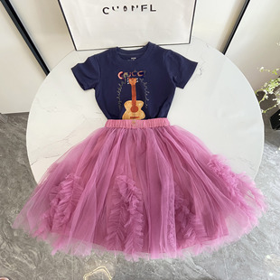 2025夏季新款女童T恤+半身裙纯棉短袖上衣蓬蓬短裙中大童套装洋气