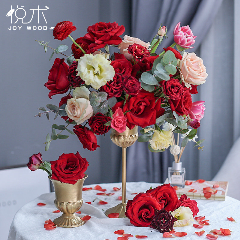 悦木  金色铁艺高脚杯花器婚庆花艺课花翁宴会桌花高脚杯铁艺花器