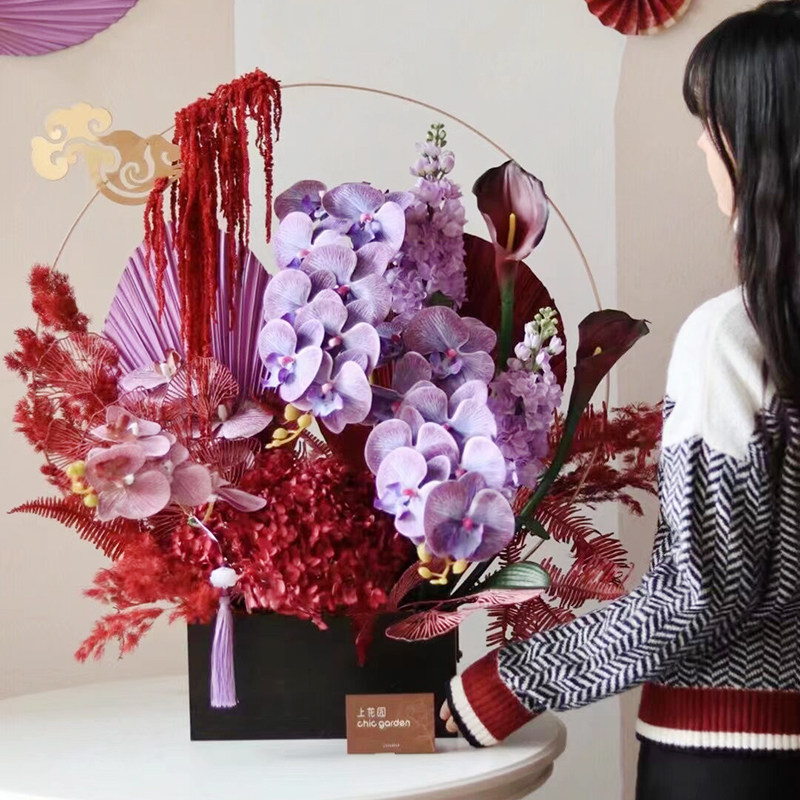 2024新年年宵花空礼篮鸿运当头金属花器花篮冬青银柳蝴蝶兰花盆