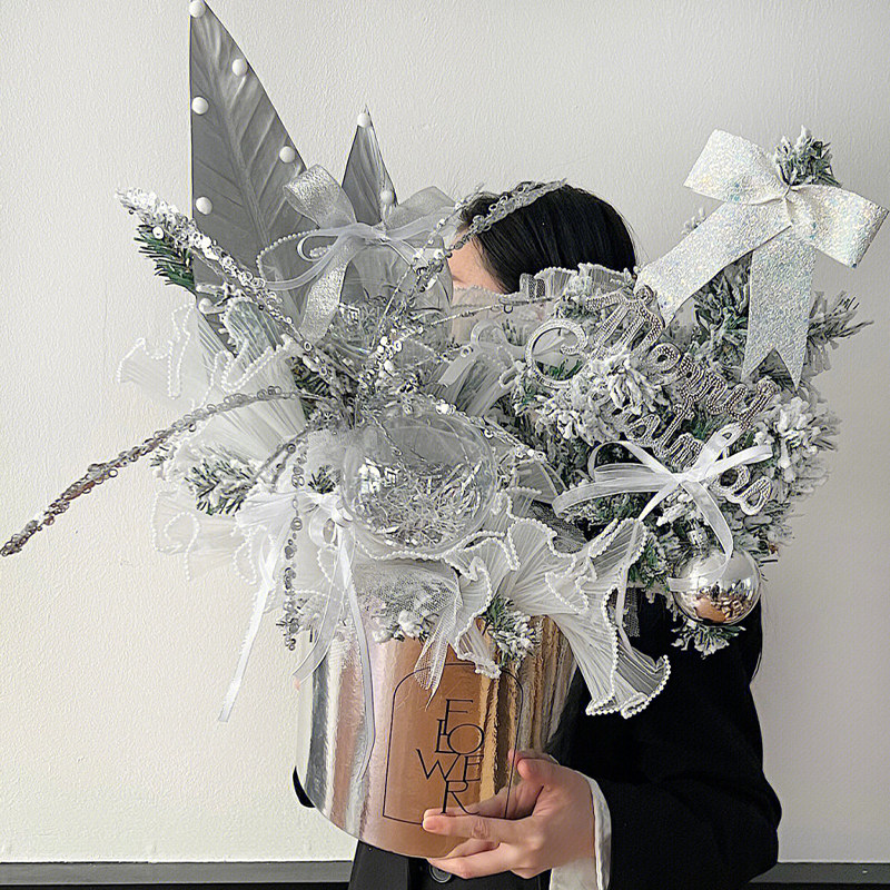 悦木 银色镜面抱抱桶圆形套二礼盒圣诞节情人节永生花盒伴手礼盒