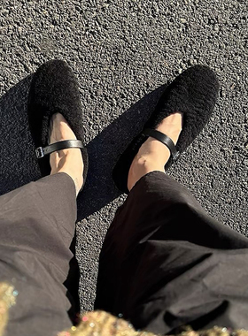 羊毛版～赵露思同款毛毛鞋女玛丽珍鞋羊皮毛一体一脚蹬鞋红色单鞋