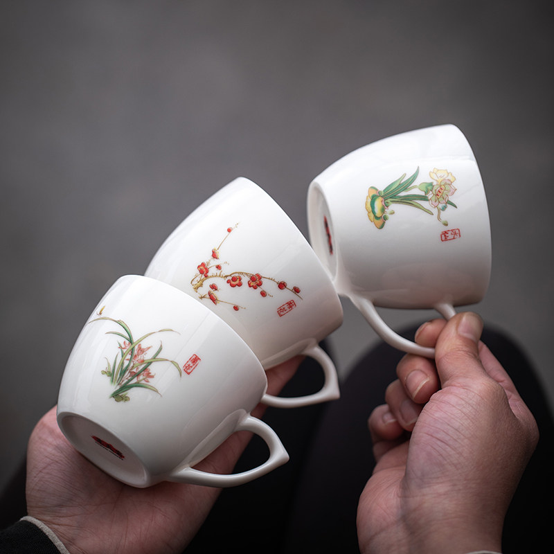 陶瓷带手柄茶杯家用十二花神红茶普洱杯防烫有耳咖啡杯早餐杯子 - 实物图
