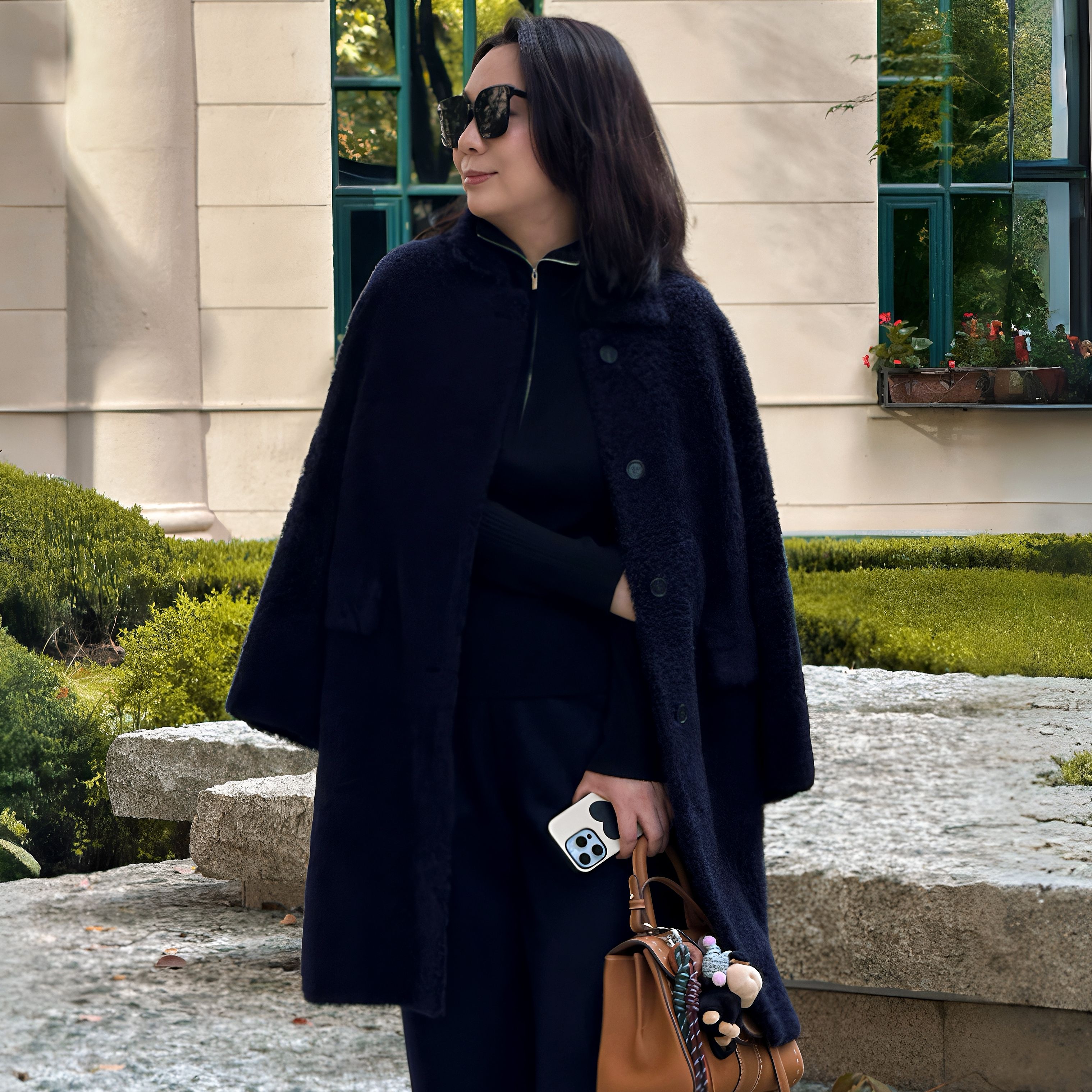 Q姐“璀璨之夜”羊皮皮毛一体 长袖翻领开衫大衣外套 37C179