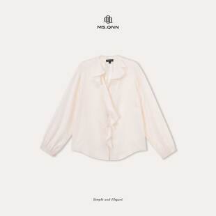 荷叶领 系列 醋酸荷叶边V领长袖 衬衫 53C355 Q姐 上衣 法式