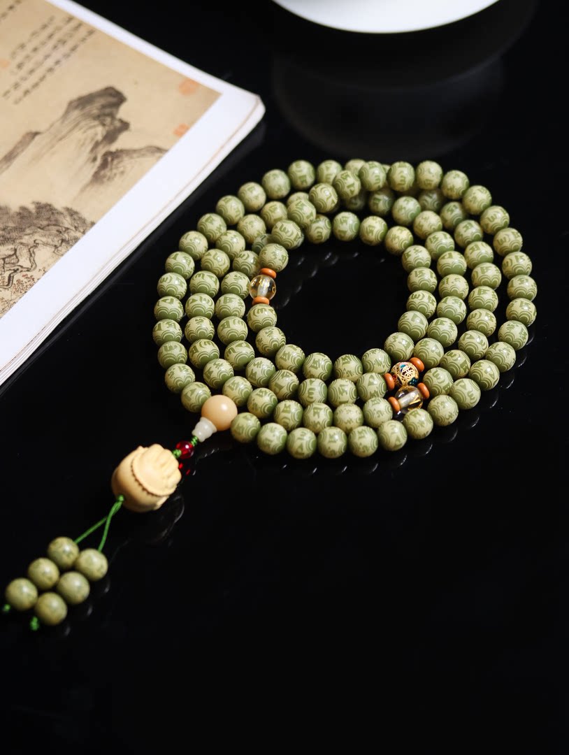 帝王绿菩提根老料六字箴言1.0圆珠108颗多圈手串脖挂念珠——佛手