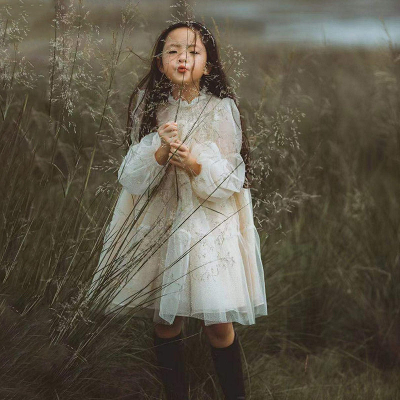 英国2025春秋女童超仙美网纱香槟公主裙儿童长袖连衣裙宝宝礼服裙