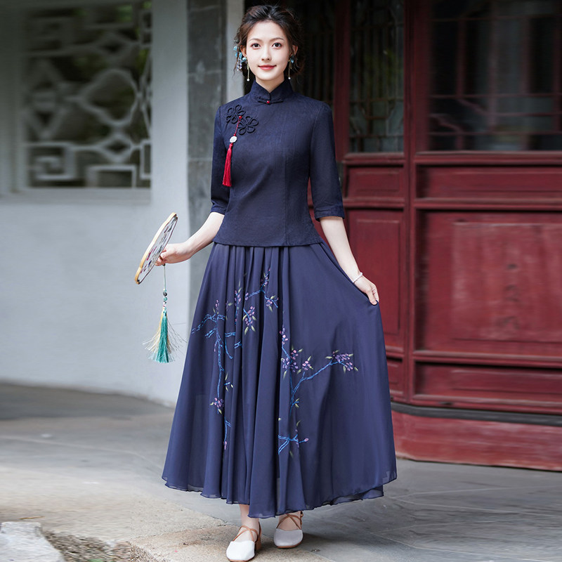 TANG COSTUME CHEONGSAM TWO-PIECE TEA MASTER COSTUME WOMENS REPUBLIC OF CHINA STYLE WOMENS SUMMER MODIFIED HANFU CHINESE STYLE BUCKLE TOP