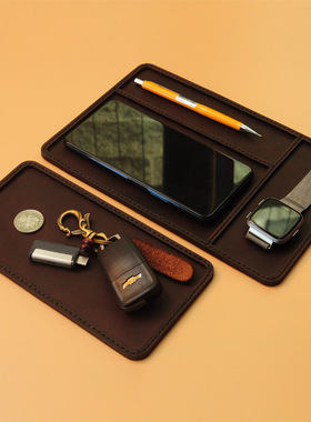 商务风 办公桌装饰盒 真牛皮定制餐桌玄关收纳盘复古长方形钥匙盘